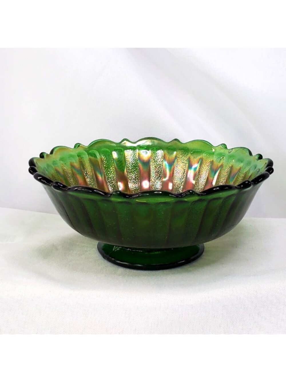 Fenton Green Carnival Glass Bowl With Scalloped Rim Iridescent 5.5" Diameter MCM - Picture 2 of 9
